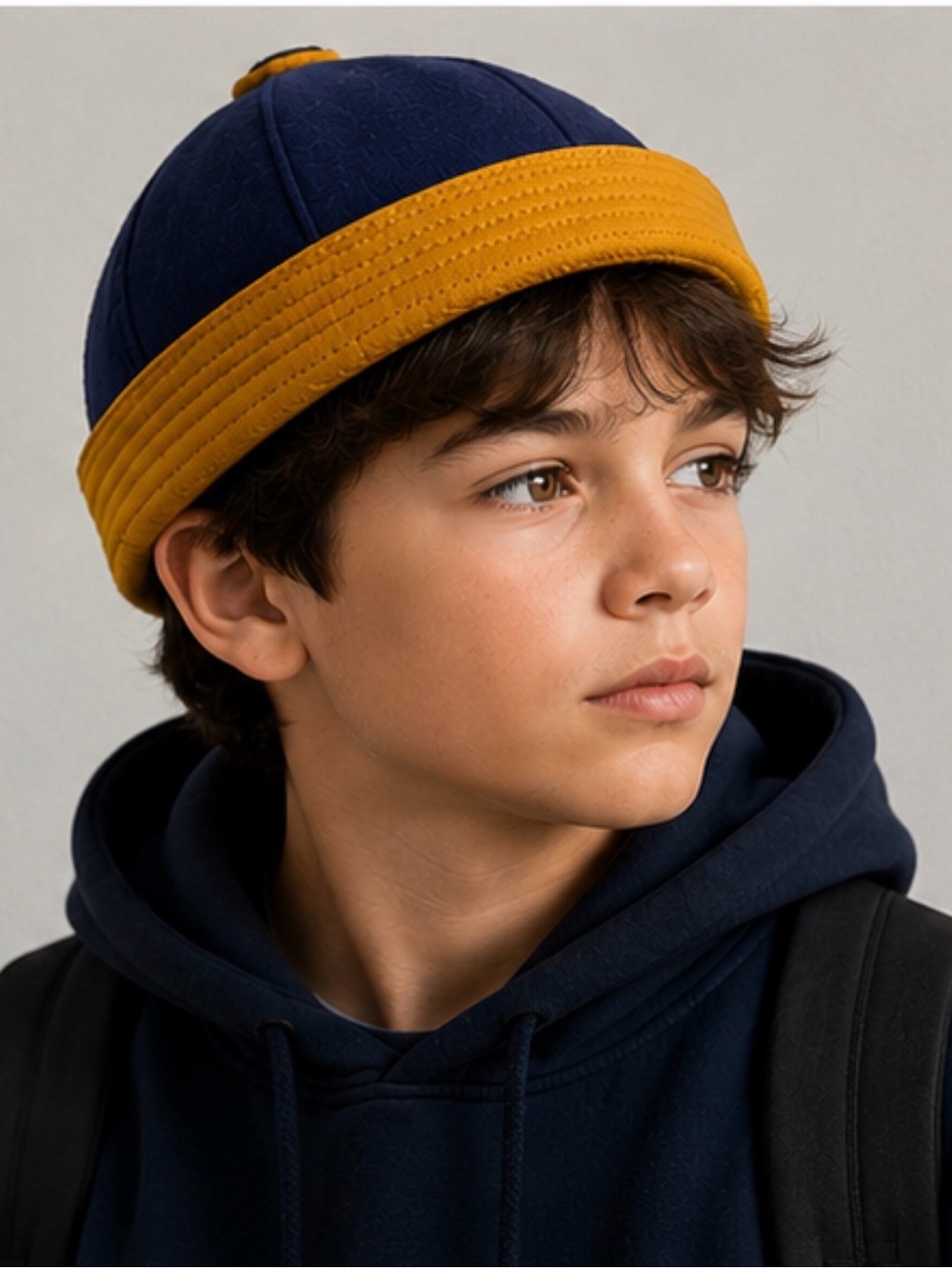 Vintage Collegiate Dink Beanie Cap Navy Blue Mustard Yellow Wool Felt Small
